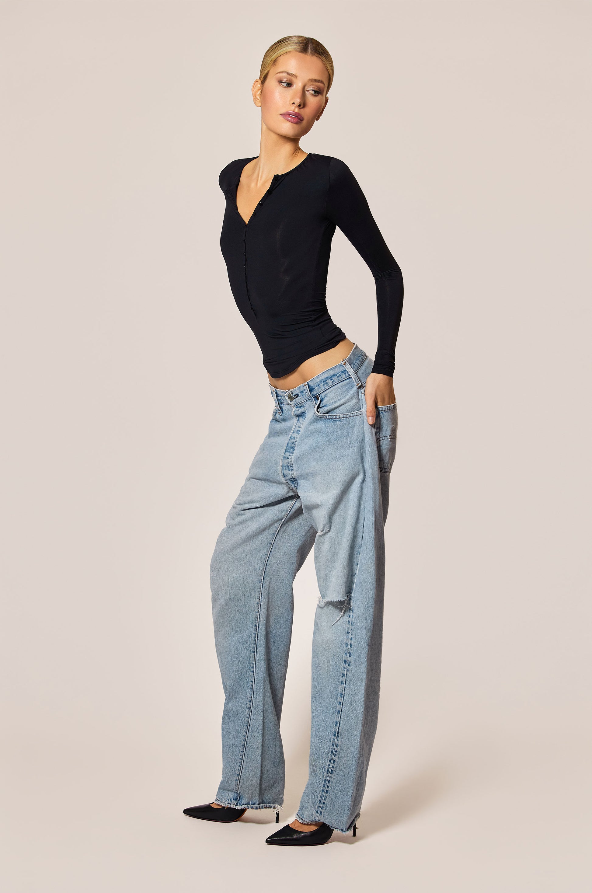 Black Henley Buttons Long Sleeve Side