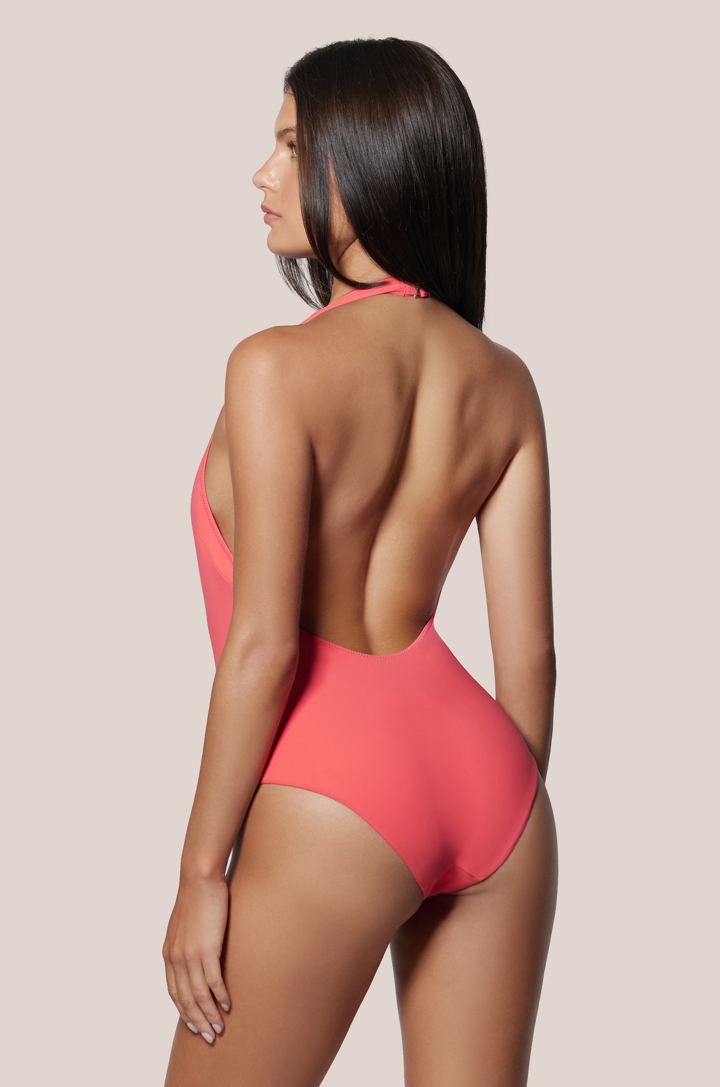 Pink Deep Plunge Neck One Piece Swim Bathing Suit Back