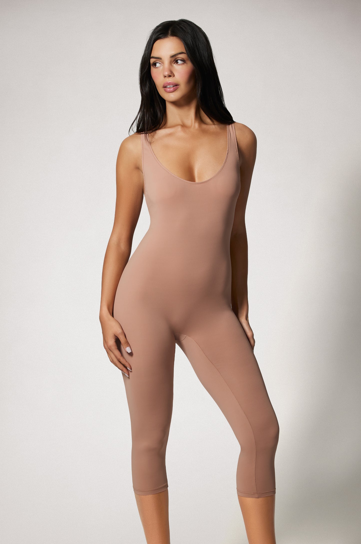Light Brown Soft Stretchy Scoop Neck Tanked Mid Leg Tight Fit Unitard Front