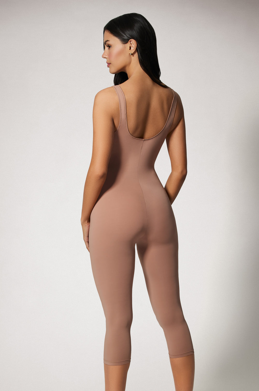 Light Brown Soft Stretchy Scoop Neck Tanked Mid Leg Tight Fit Unitard Back