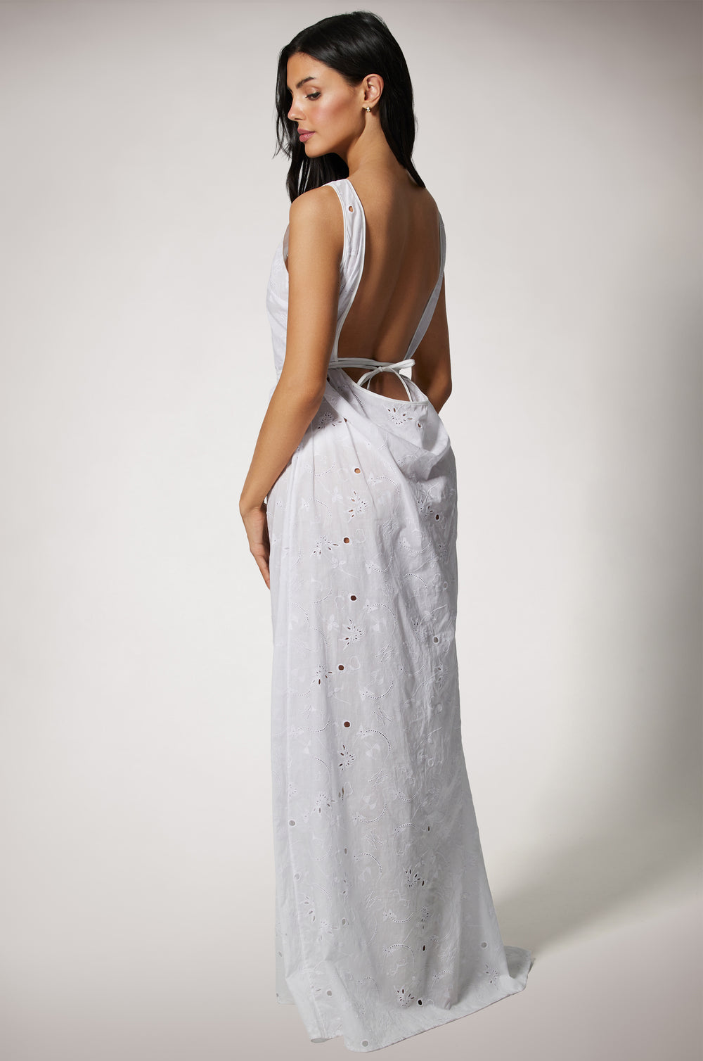 White High Neck Low Back Loose Fit Eyelet Cover Up Maxi Dress Back