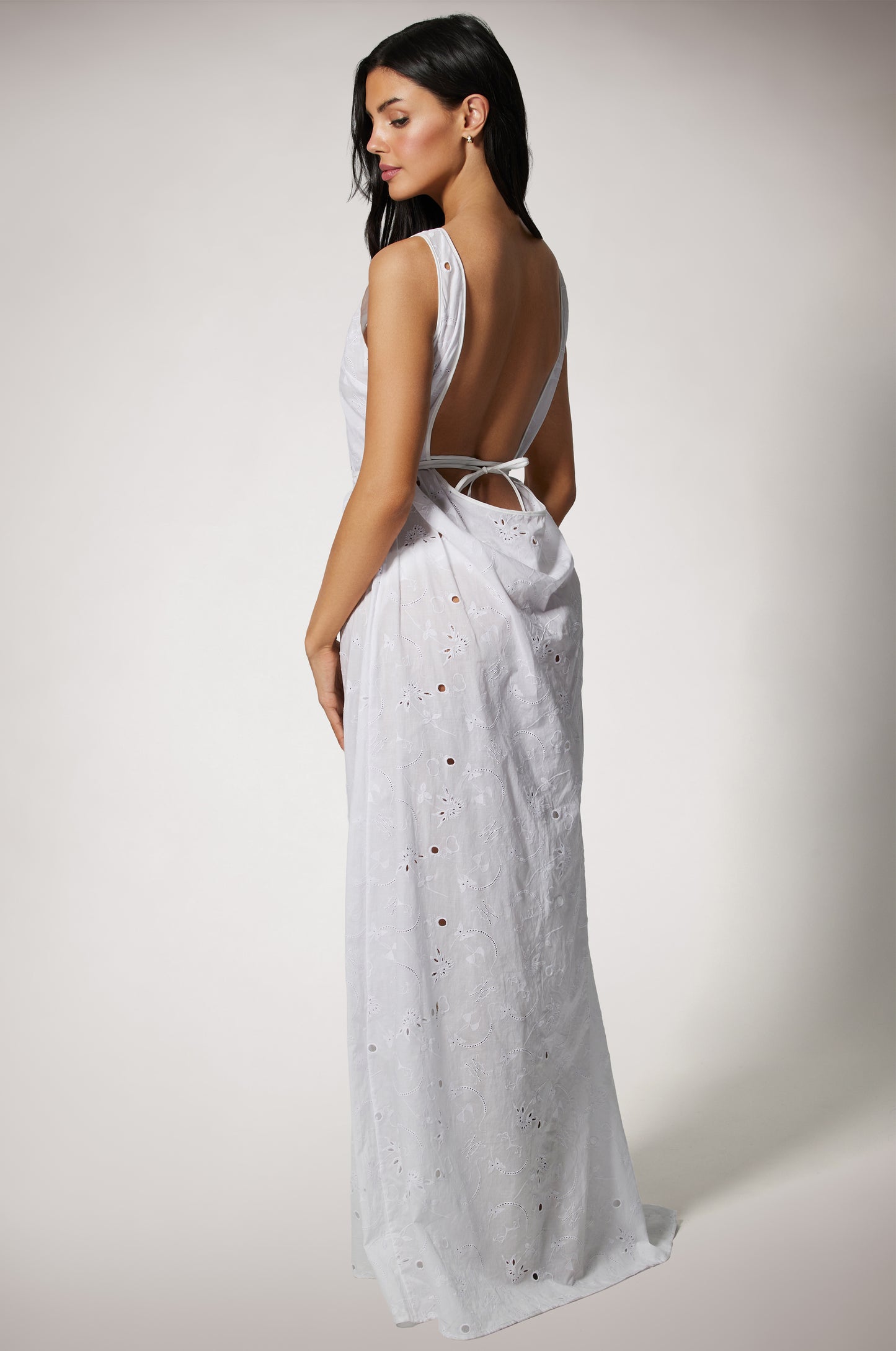 White High Neck Low Back Loose Fit Eyelet Cover Up Maxi Dress Back