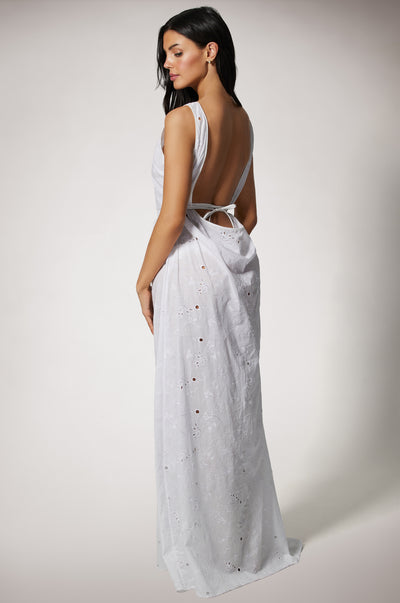 White High Neck Low Back Loose Fit Eyelet Cover Up Maxi Dress Back