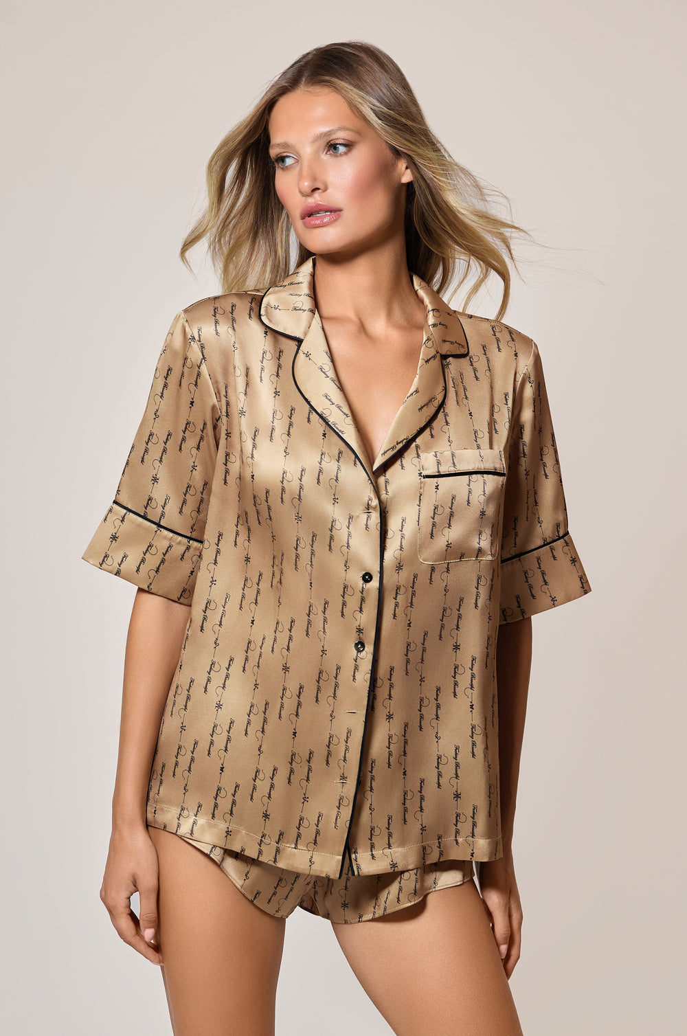 Sable Light Brown Black Cursive Words Fucking Beautiful Silk Lounge Short Sleeve Pijama PJ Top Front