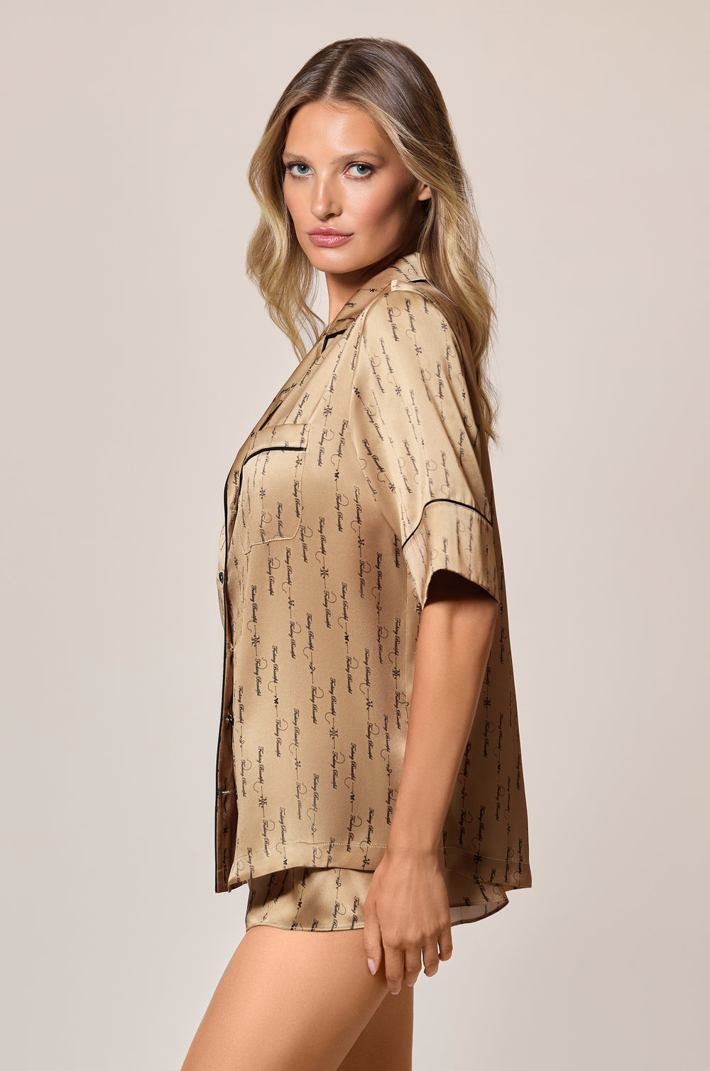 Sable Light Brown Black Cursive Words Fucking Beautiful Silk Lounge Short Sleeve Pijama PJ Top Side