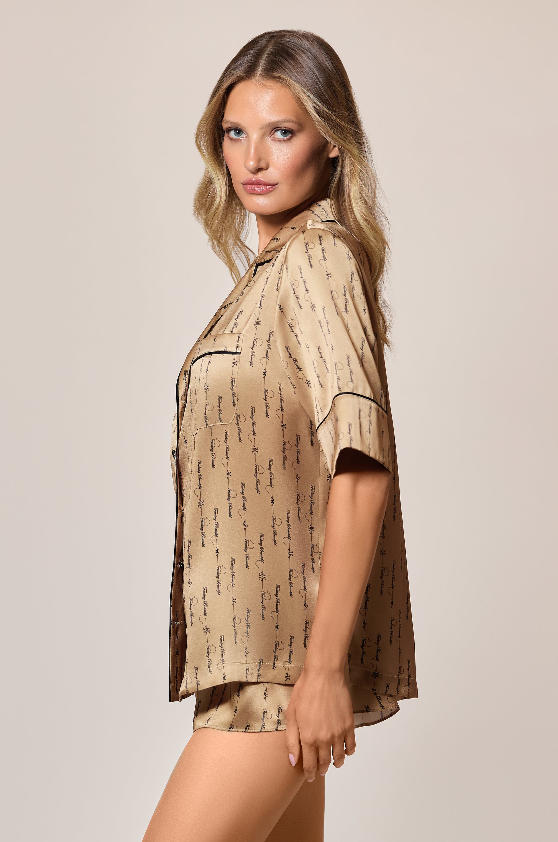 Sable Light Brown Black Cursive Words Fucking Beautiful Silk Lounge Tap Short Side