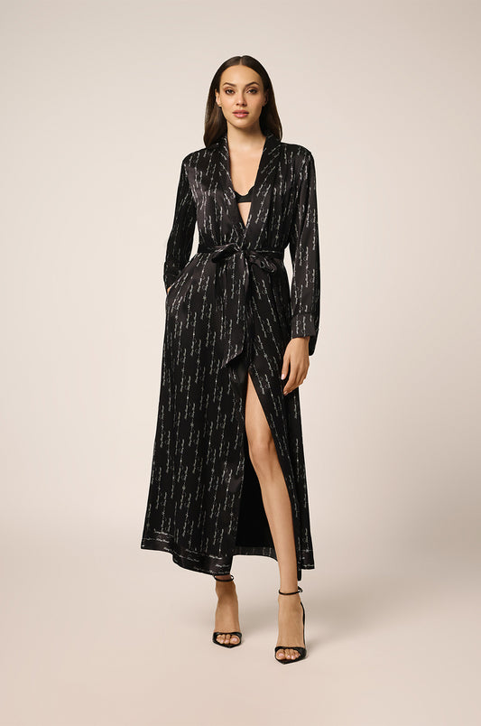 Black/white silk long robe with KIKIDM writing front view