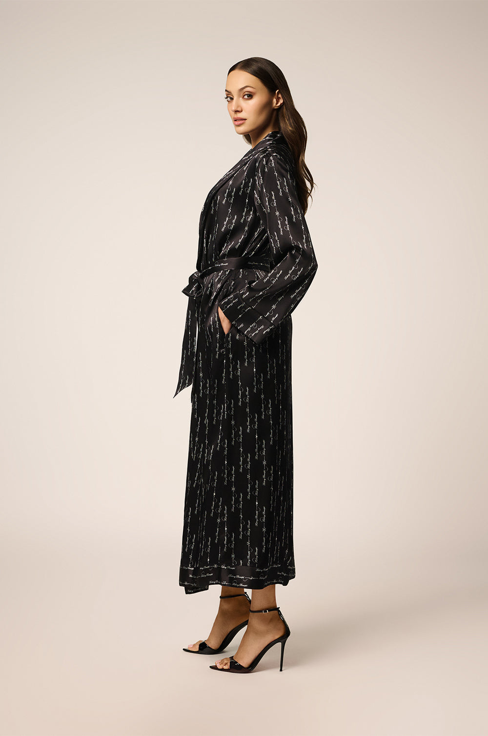 Black/white silk long robe with KIKIDM writing side view