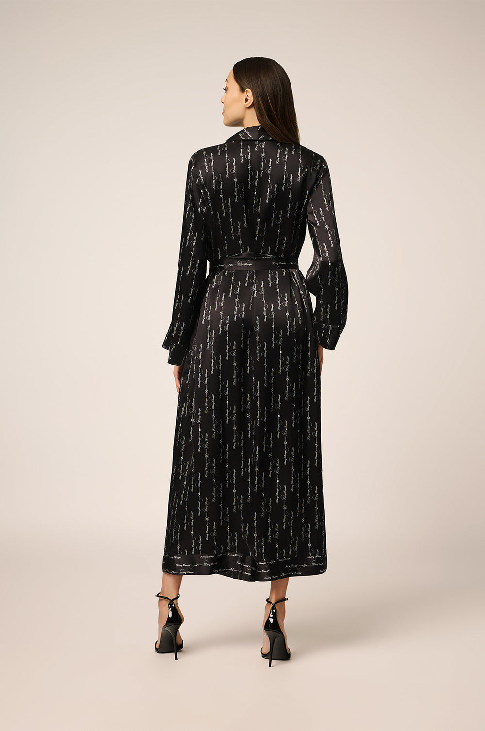 Black/white silk long robe with KIKIDM writing back view