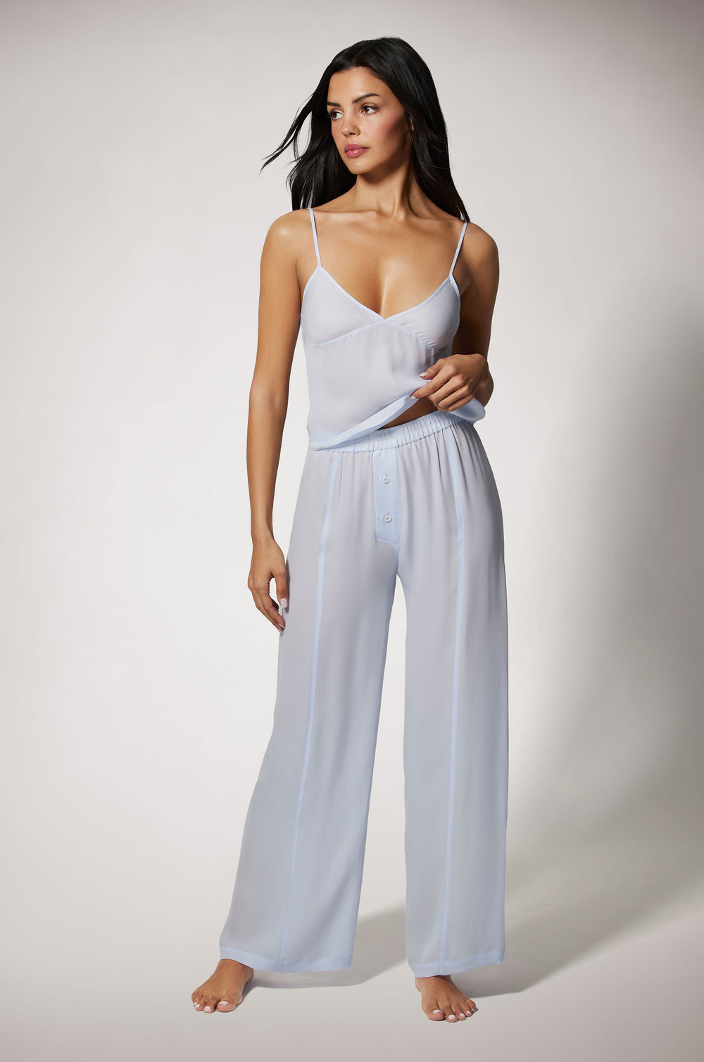 Light Blue Cinched High Waist Two Button Loose Fit Lightweight Boxer Pant