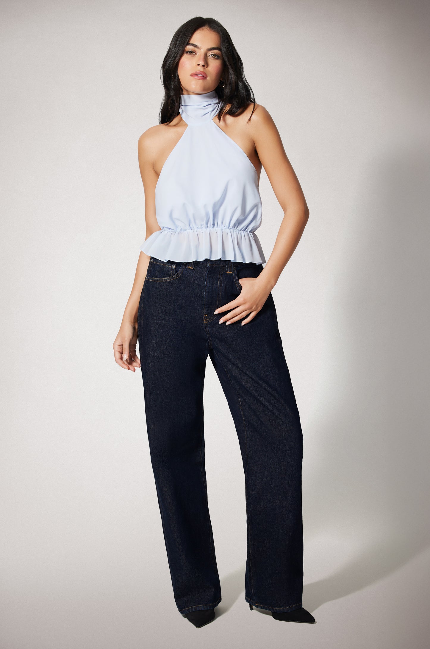 Light Blue Cinched Waist Ruffled End Low Back Halter Top Front