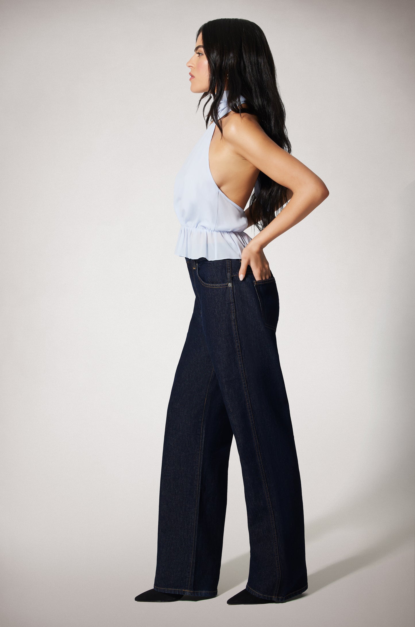 Light Blue Cinched Waist Ruffled End Low Back Halter Top Side