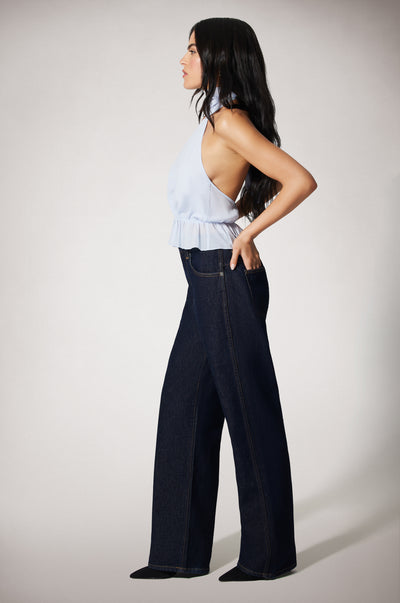 Light Blue Cinched Waist Ruffled End Low Back Halter Top Side
