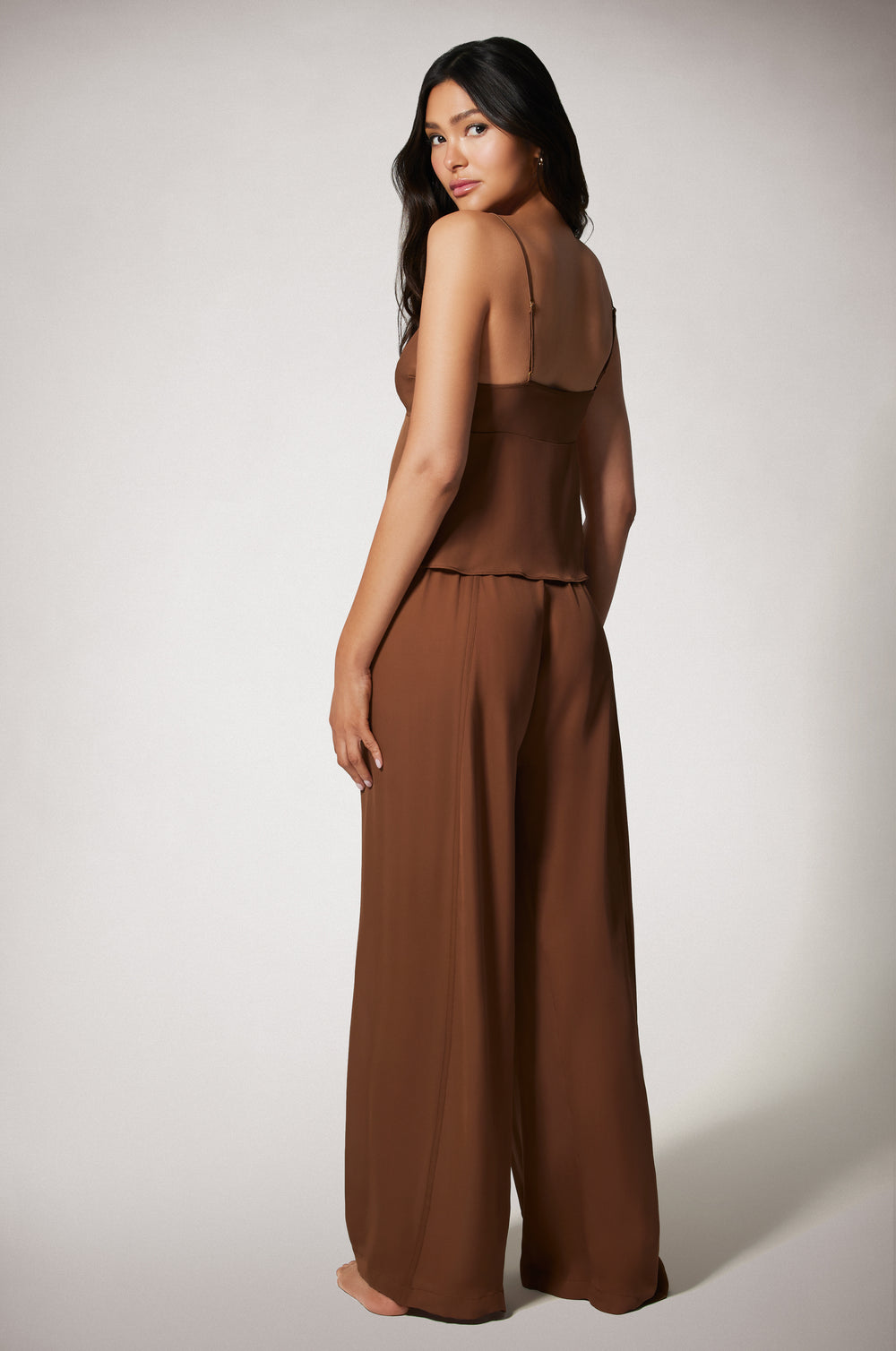 Light Brown Cinched High Waist Two Button Loose Fit Lightweight Boxer Pant and Cami Top Back
