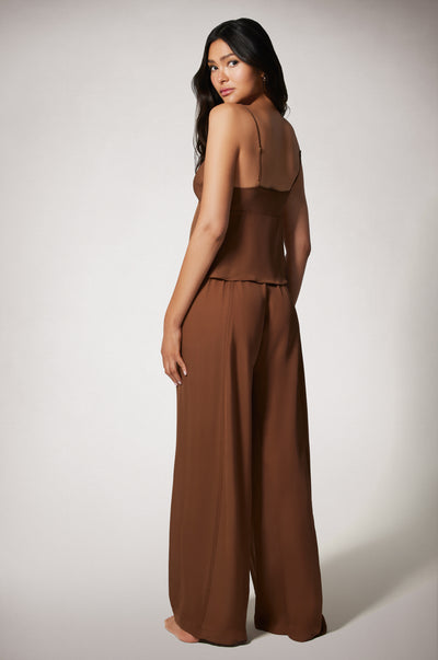 Light Brown Cinched High Waist Two Button Loose Fit Lightweight Boxer Pant and Cami Top Back