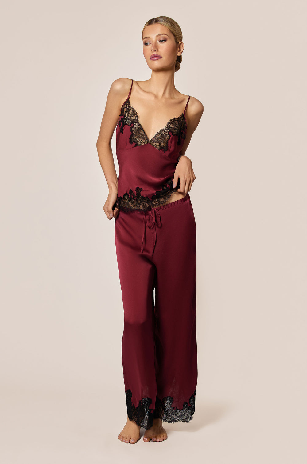 Brick Dust Red Satin V Neck Top With Black Lace Detail Front