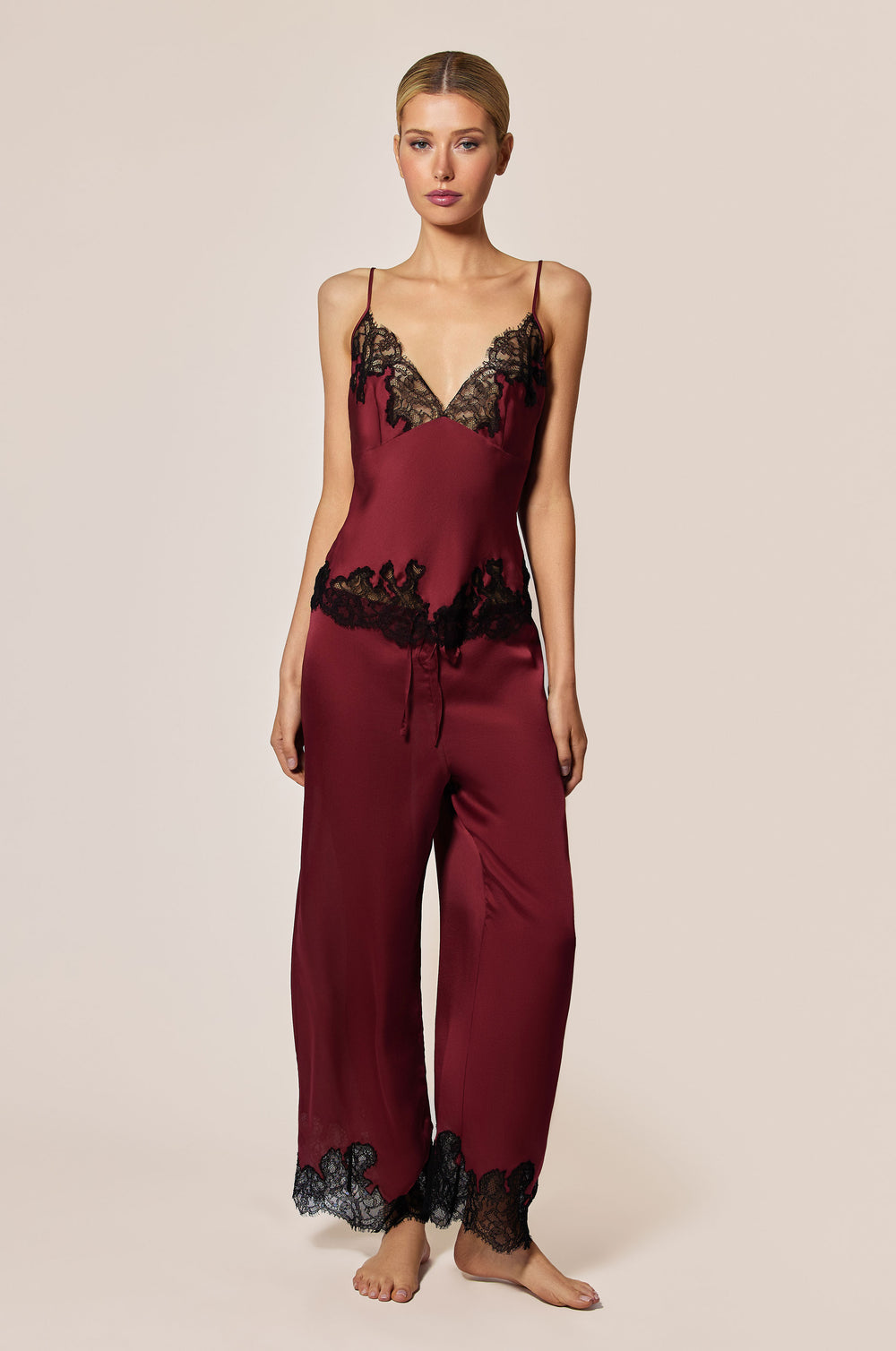 Brick Dust Red Satin V Neck Top With Black Lace Detail Front