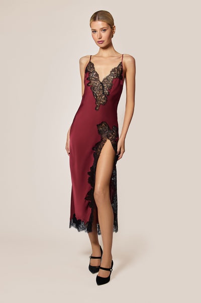  Brick Dust Red Satin V Neck With Black Lace Detail Midi Slip Dress Front