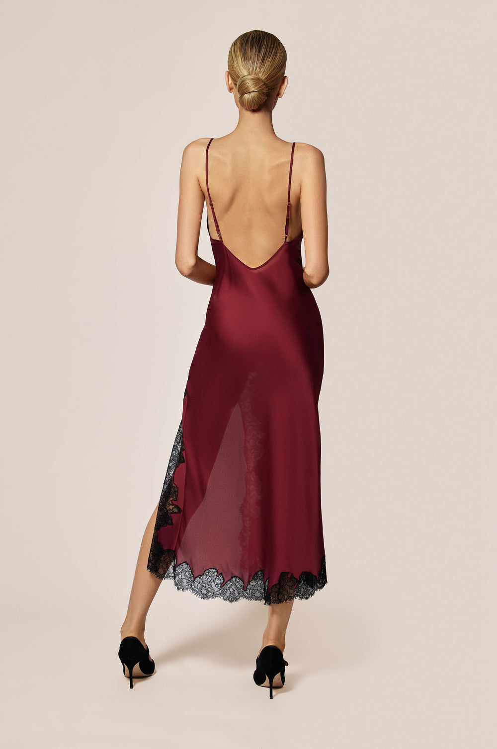 Brick Dust Red Satin V Neck With Black Lace Detail Midi Slip Dress Back