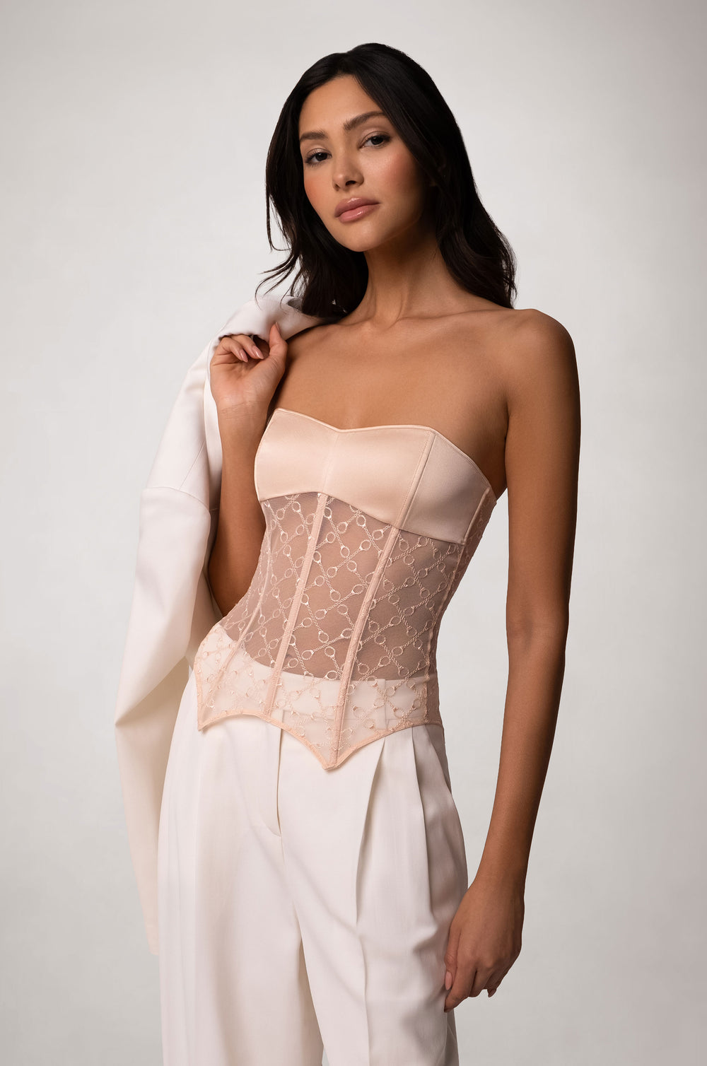 Light Pink Lace Embroidered Handcuff Strapless Bustier 