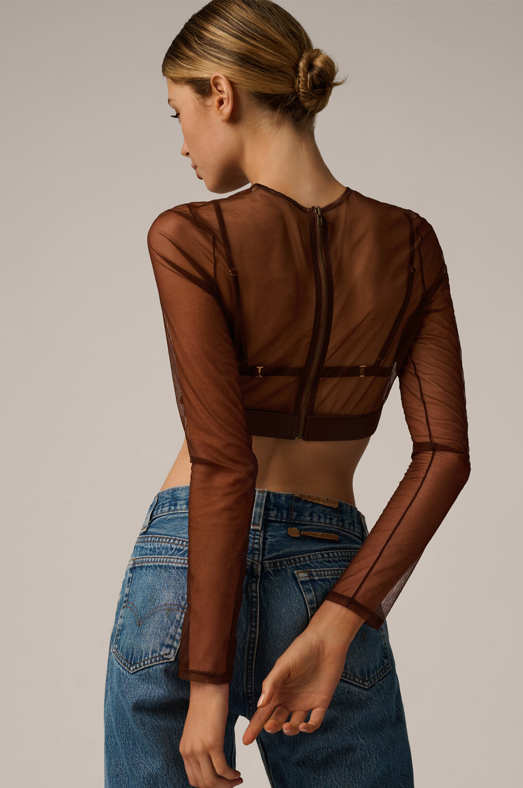 Sheer cropped long sleeve see through top back view