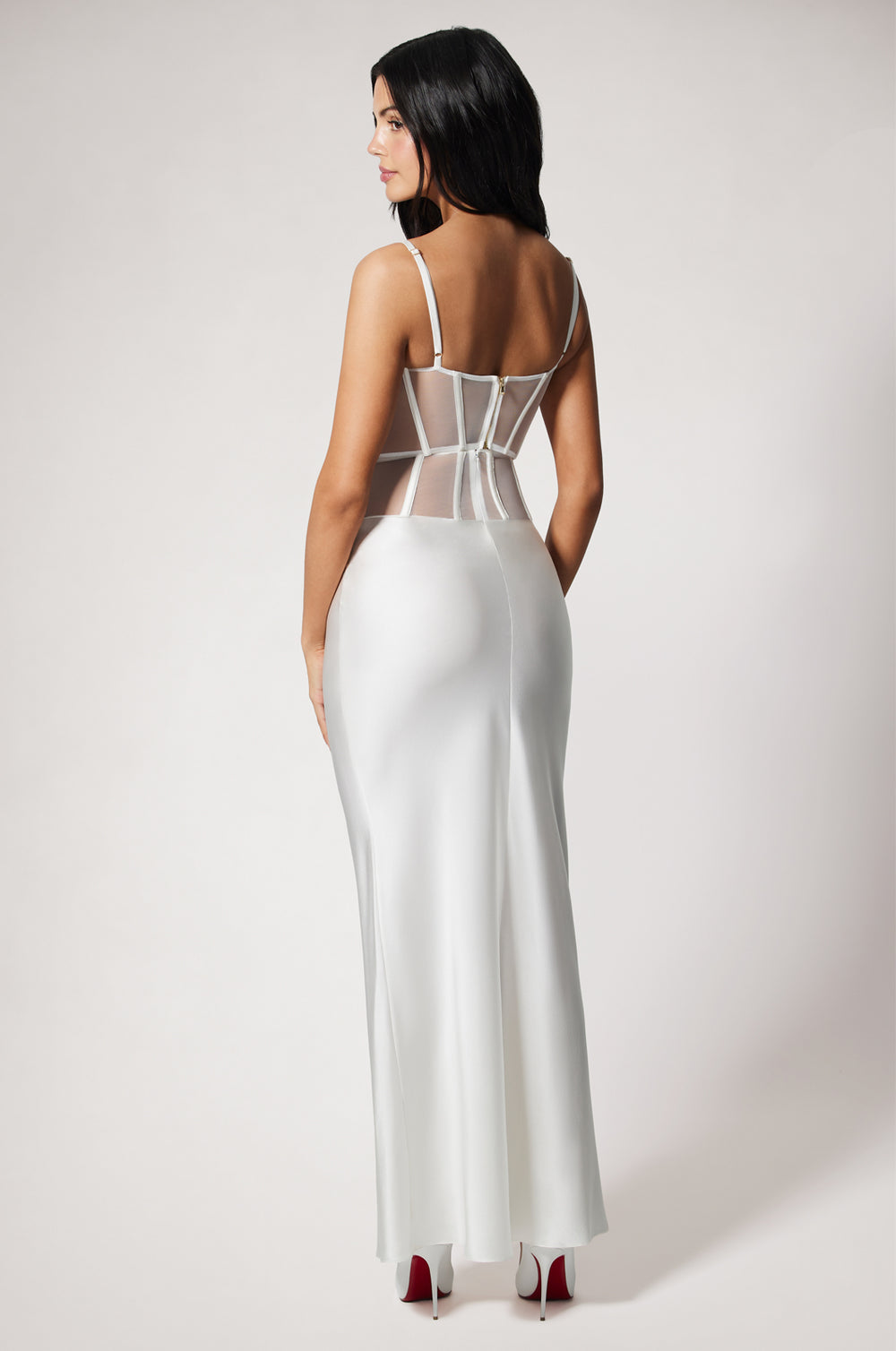 White Lace Inset Spaghetti Strap Bustier Top and Slim Fit Long Skirt Back 