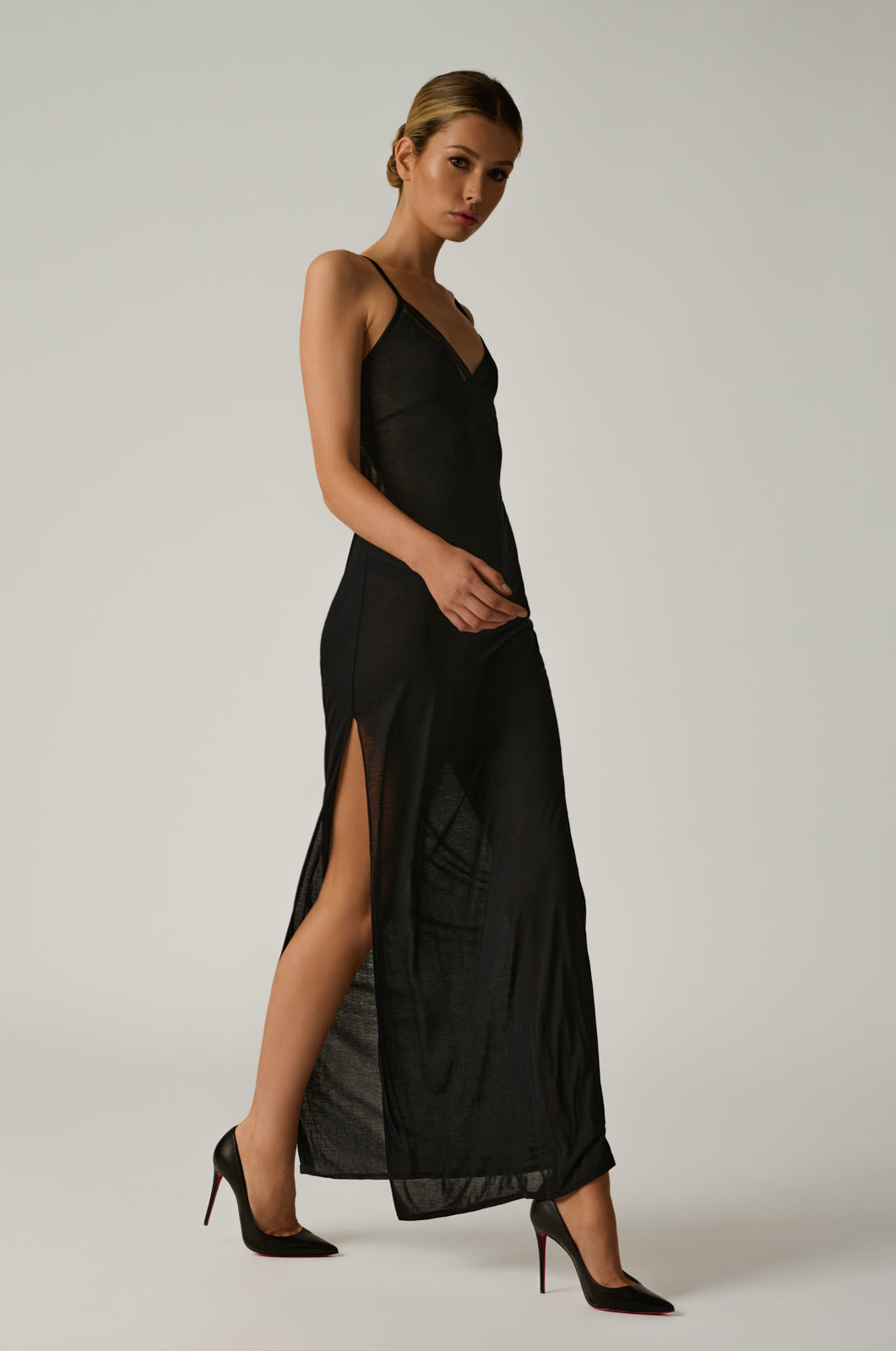 black maxi dress made of Silk Stretch Charmeuse and Stretch Mesh details