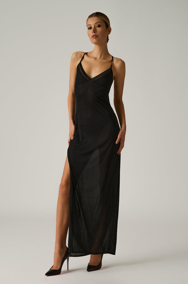 black maxi dress made of Silk Stretch Charmeuse and Stretch Mesh details