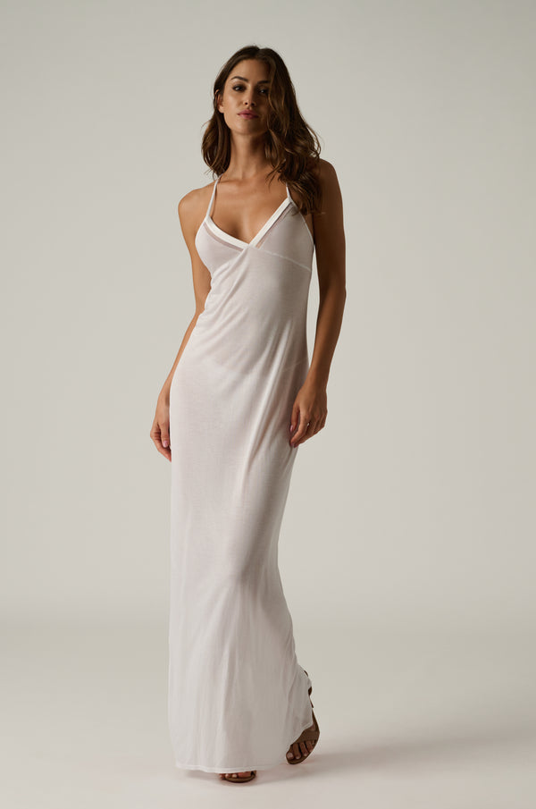 ivory maxi dress made of Silk Stretch Charmeuse and Stretch Mesh details