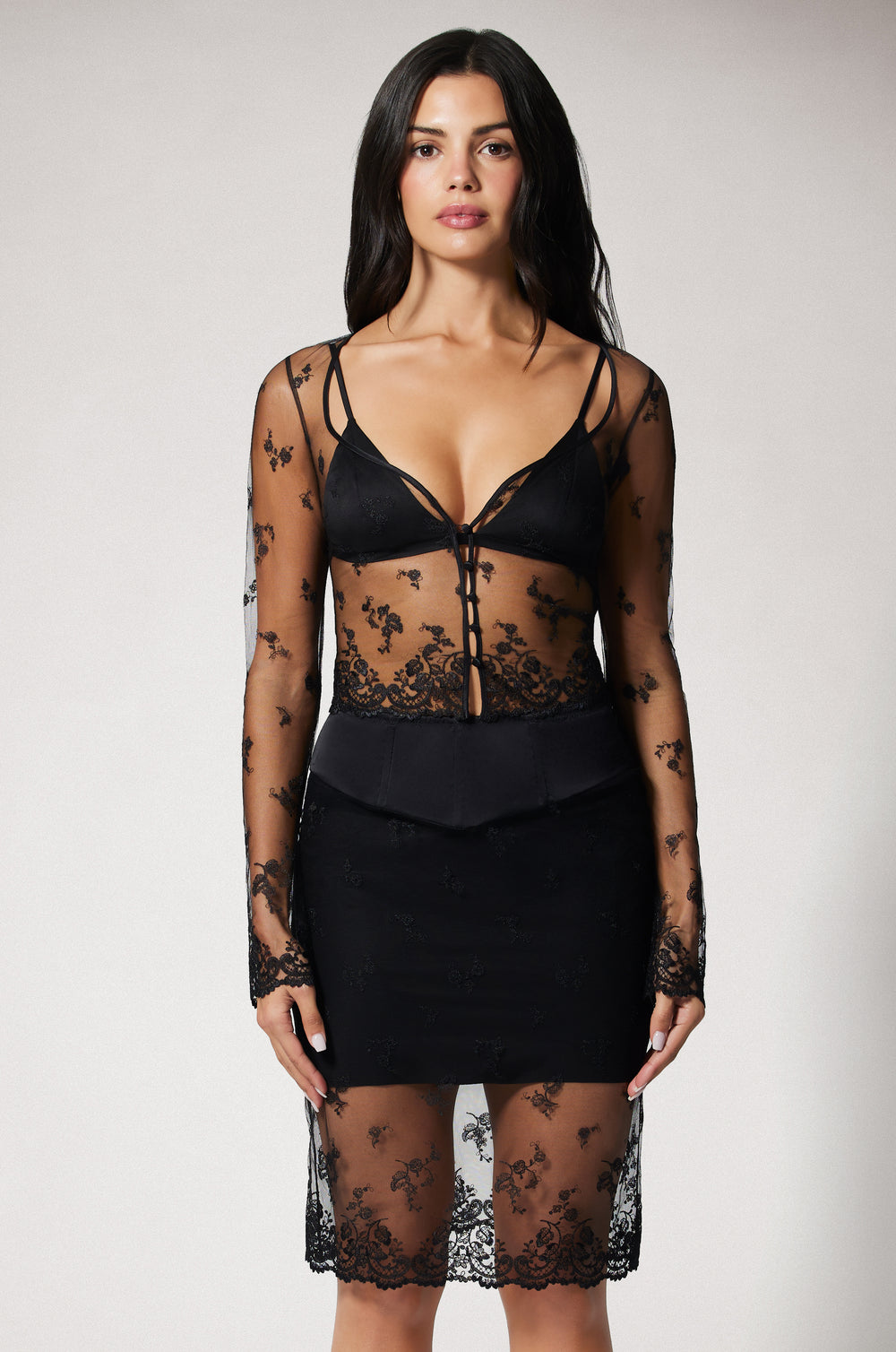 Black Embroidered Lace See Through Black Half Slip Slim Fit Pencil Skirt  Front