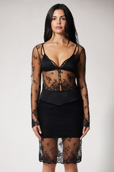 Black Embroidered Lace See Through Black Half Slip Slim Fit Pencil Skirt  Front