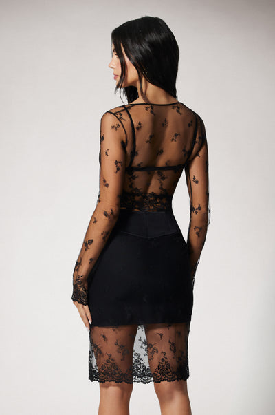 Black Embroidered Lace See Through Black Half Slip Slim Fit Pencil Skirt Back