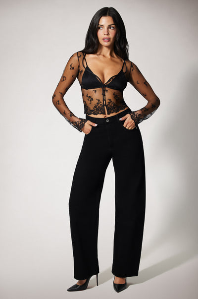 Black Embroidered Lace Wide Neck Buttop Up Long Sleeve Top Front