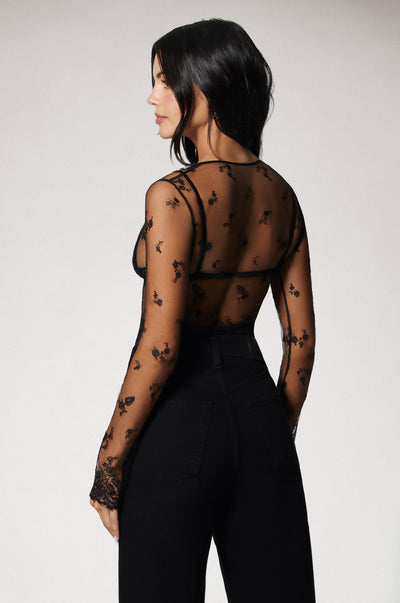 Black Embroidered Lace Wide Neck Buttop Up Long Sleeve Top Back
