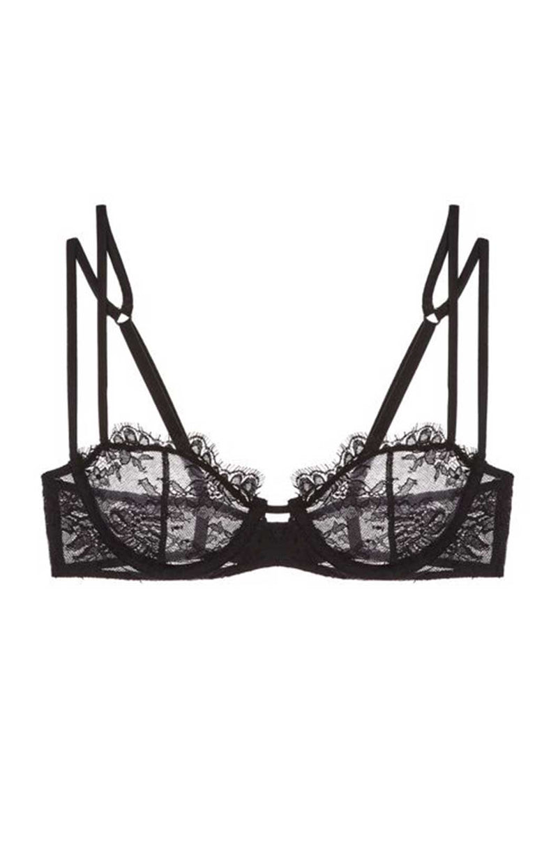transparent floral embroidered balconette bra with two straps and trim black flat lay