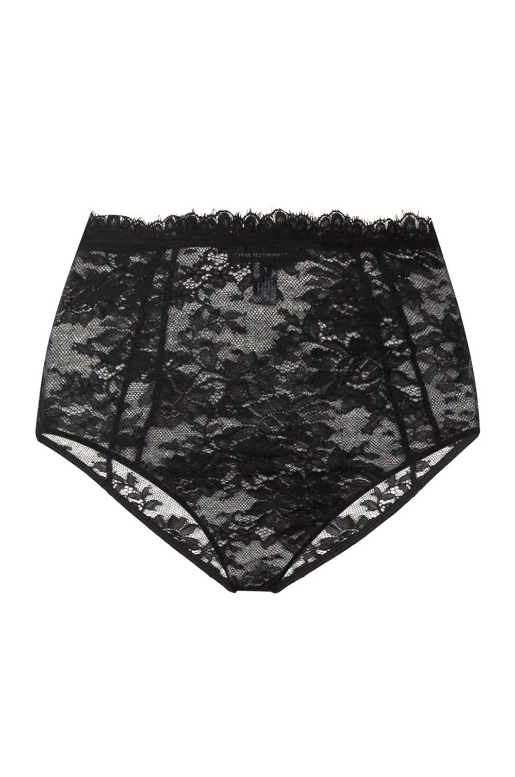 French stretch lace high waisted panty with lace trim black front view flat lay