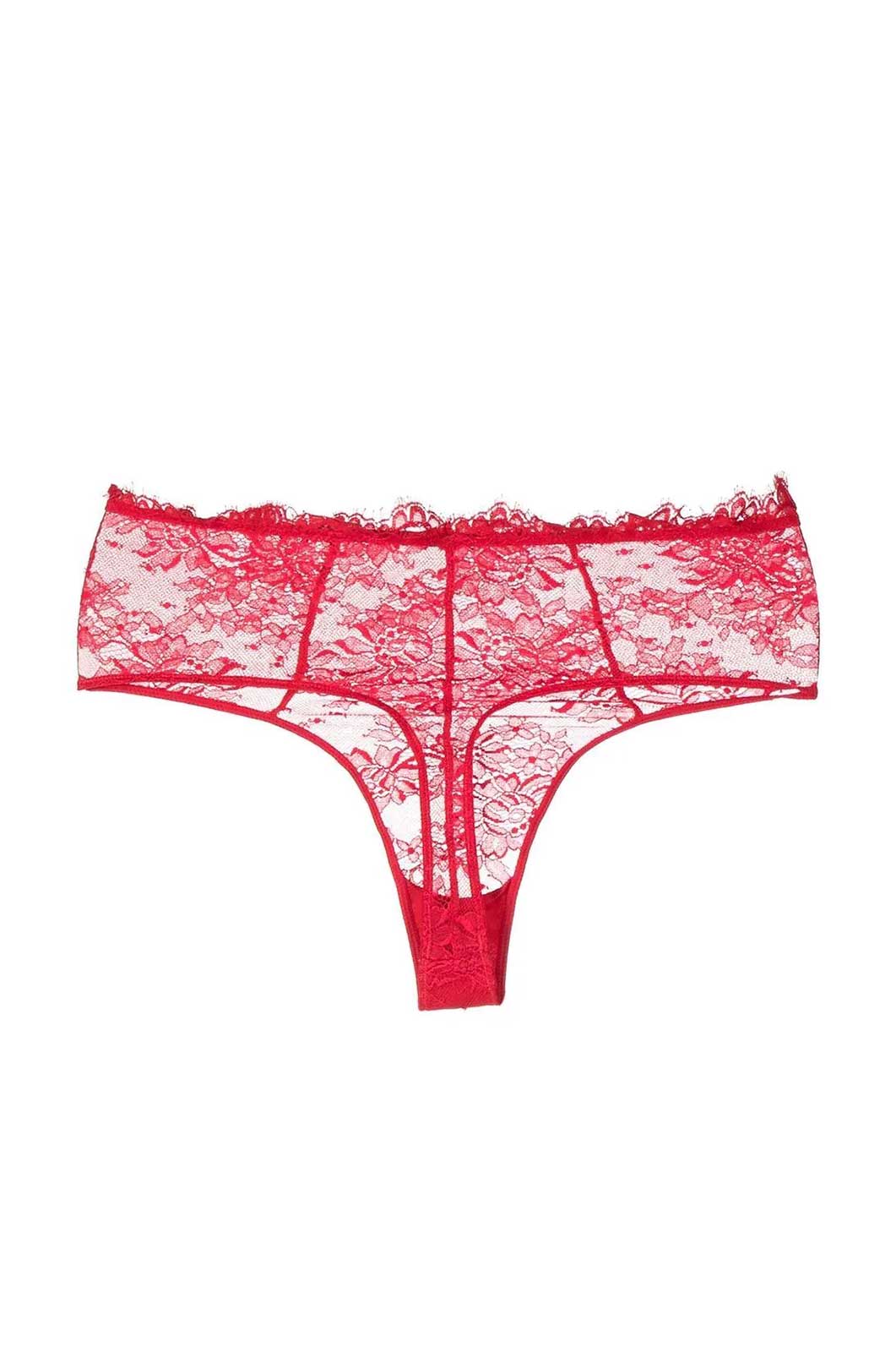 French stretch lace high waisted thong with lace trim red flat lay