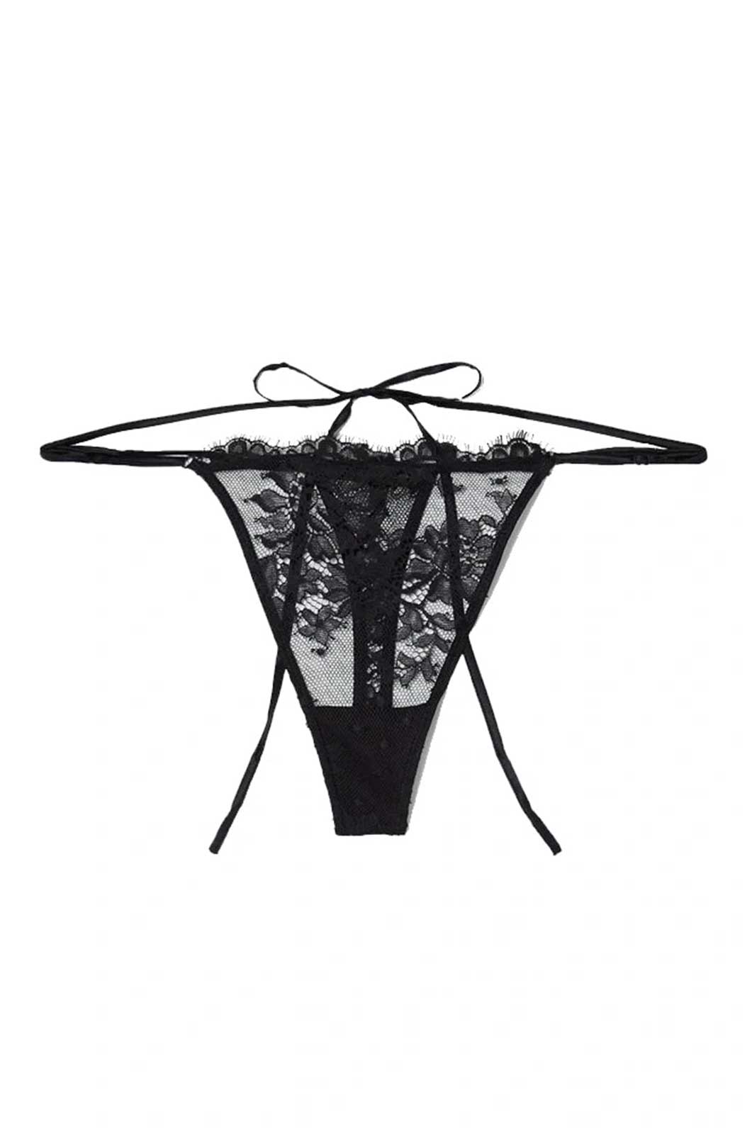 Transparent floral embroidered G-string with long tie-able top knot black flat view