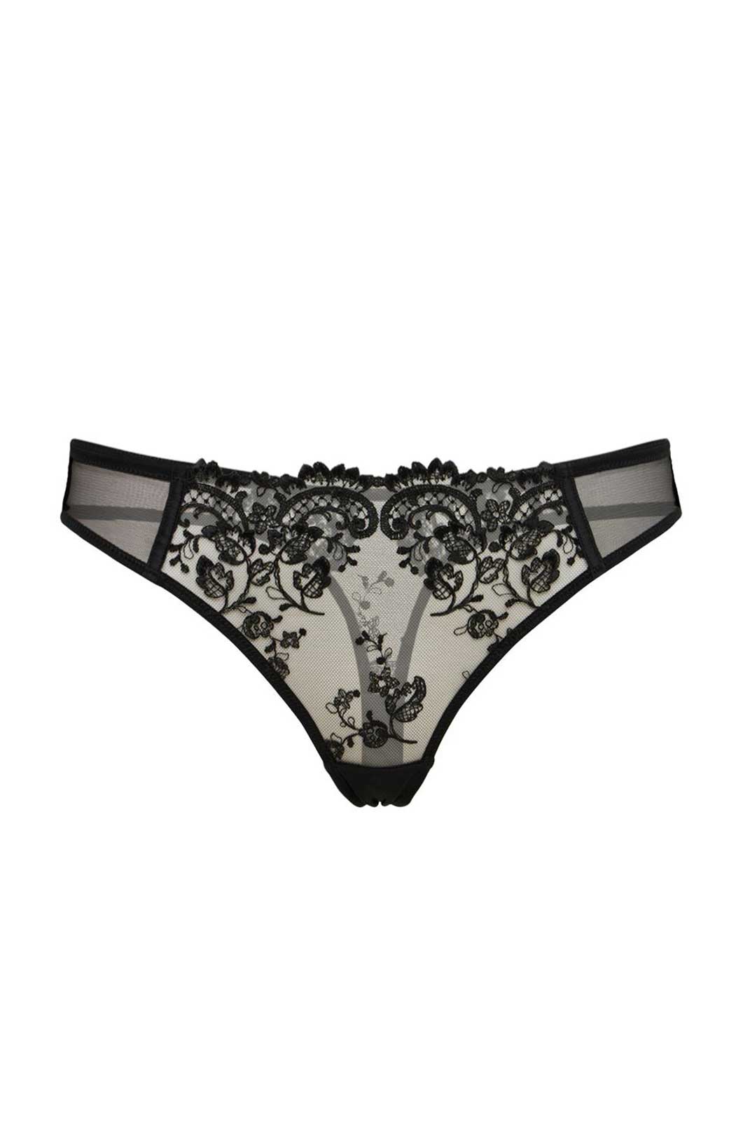 Sheer floral lace mesh sides embroidered thong flat lay