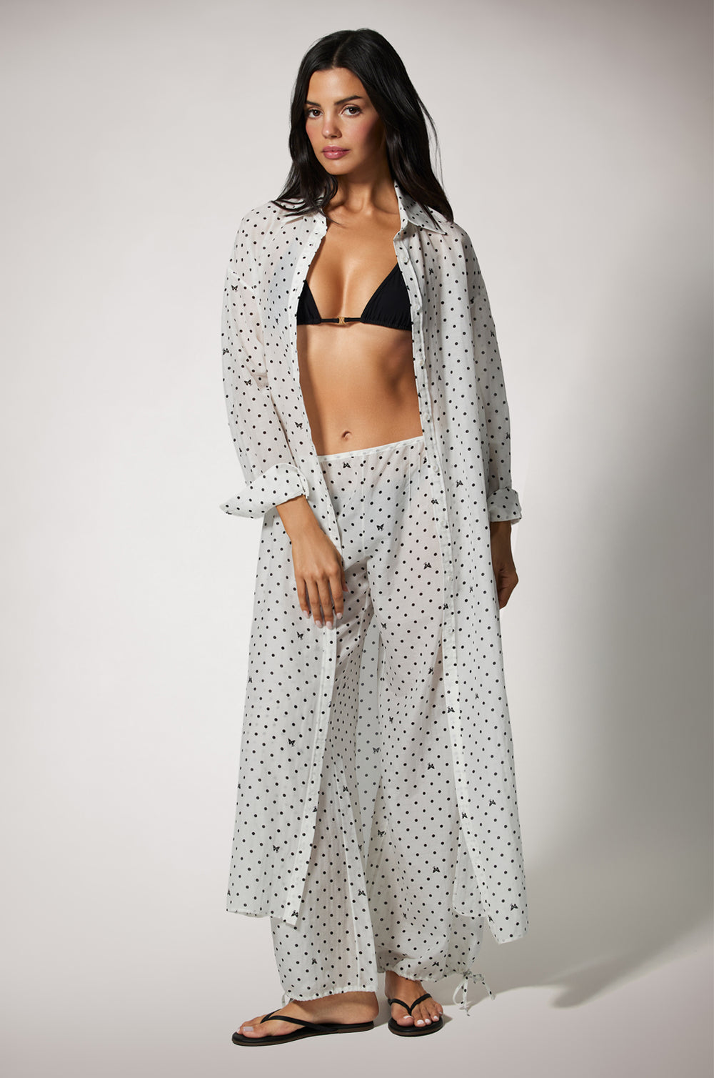 Button up long dress cover up resortwear in custom Kiki point print front