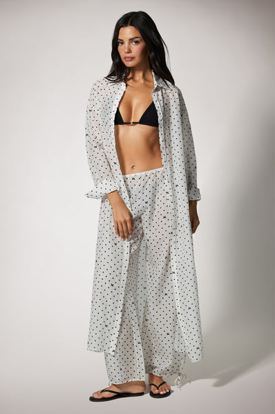 Button up long dress cover up resortwear in custom Kiki point print front