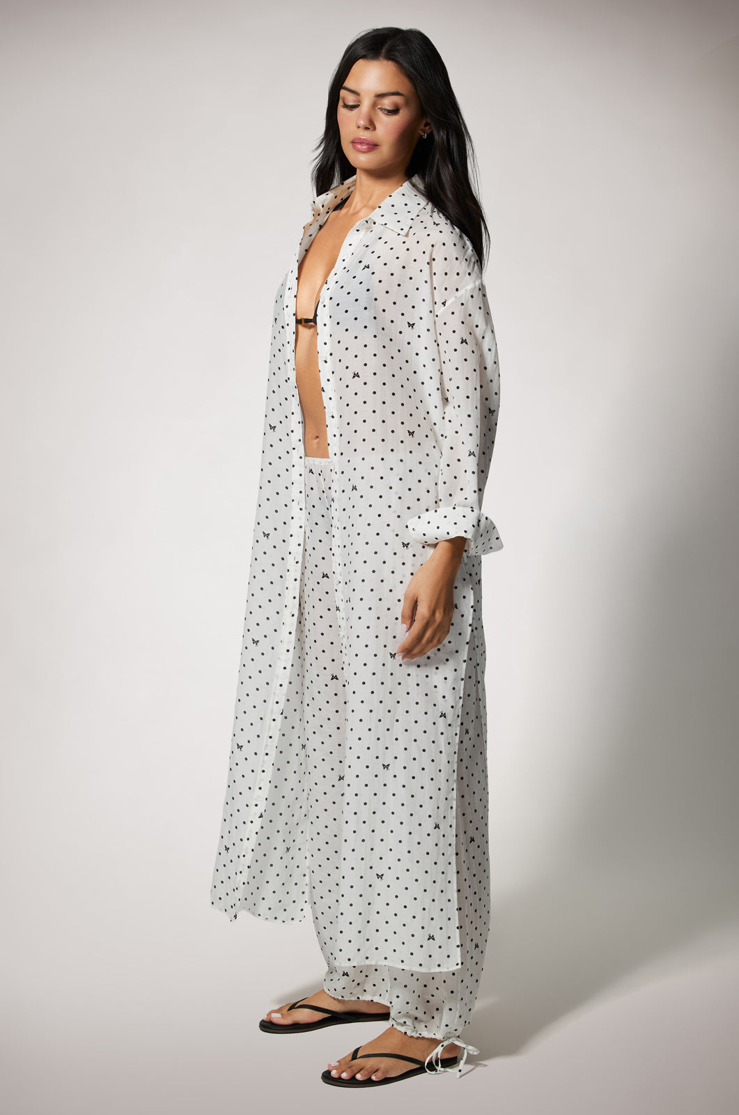 Button up long dress cover up resortwear in custom Kiki point print side