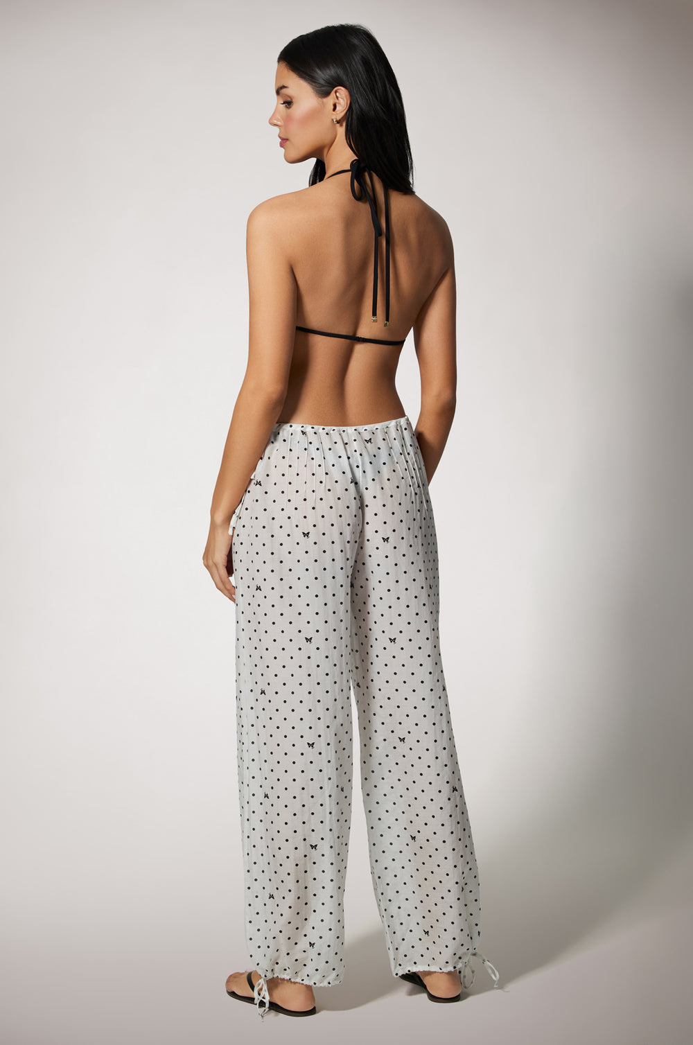 Airy pant cover-up resortwear with tie waist and ankle ties in custom Kiki point print back