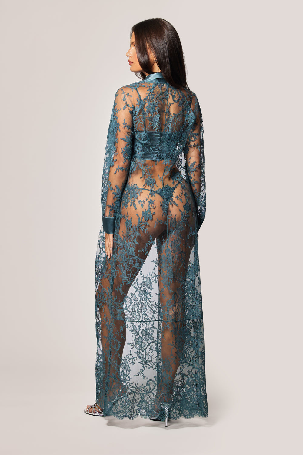 Tempete Storm Blue Gray All Over Lace Satin Detail Long Button Robe , back view