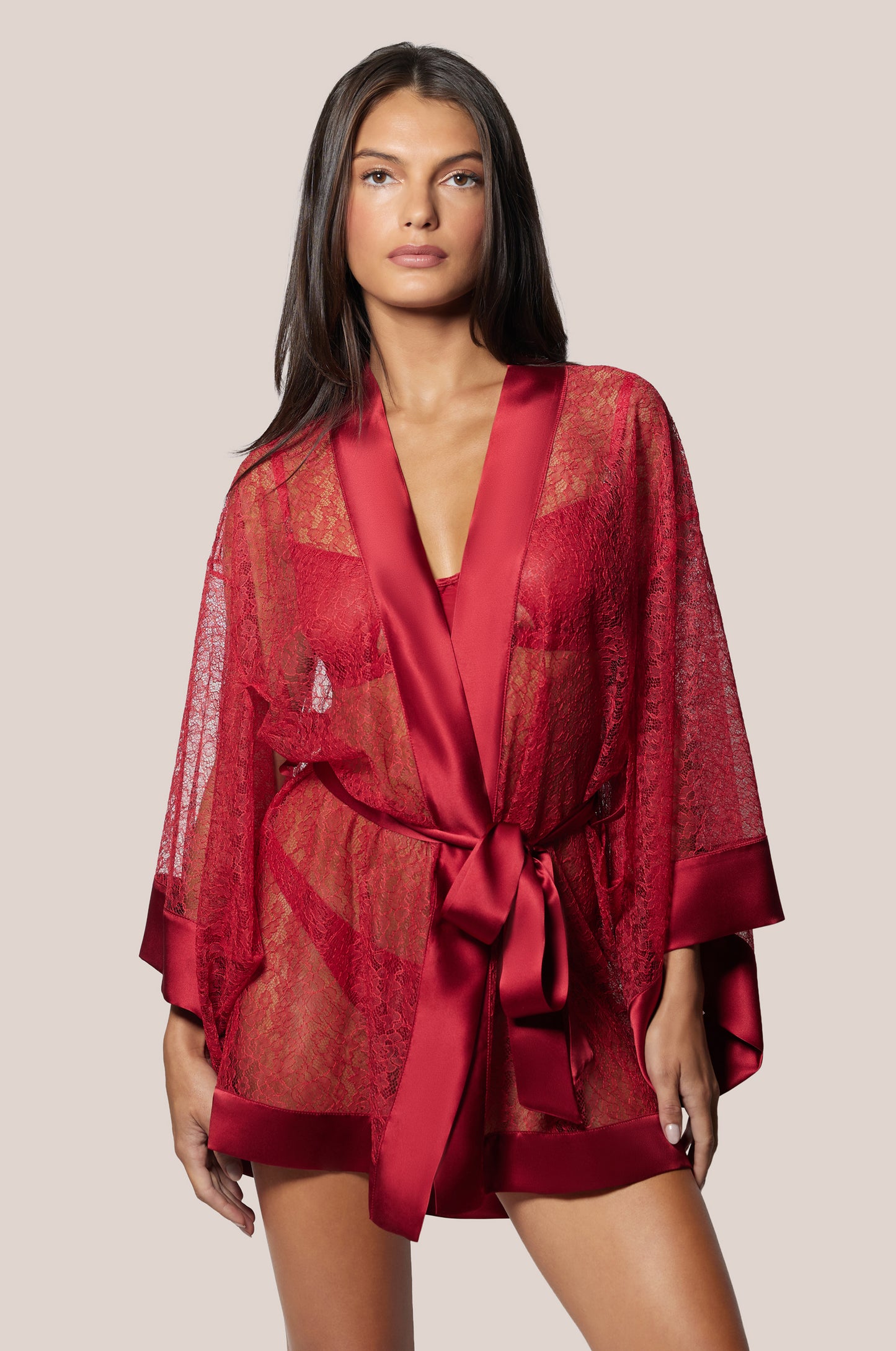Red Floral Lace Unlined Satin Finishes Front Tie Short Robe Kimono Front