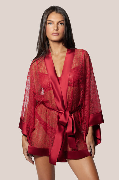 Red Floral Lace Unlined Satin Finishes Front Tie Short Robe Kimono Front