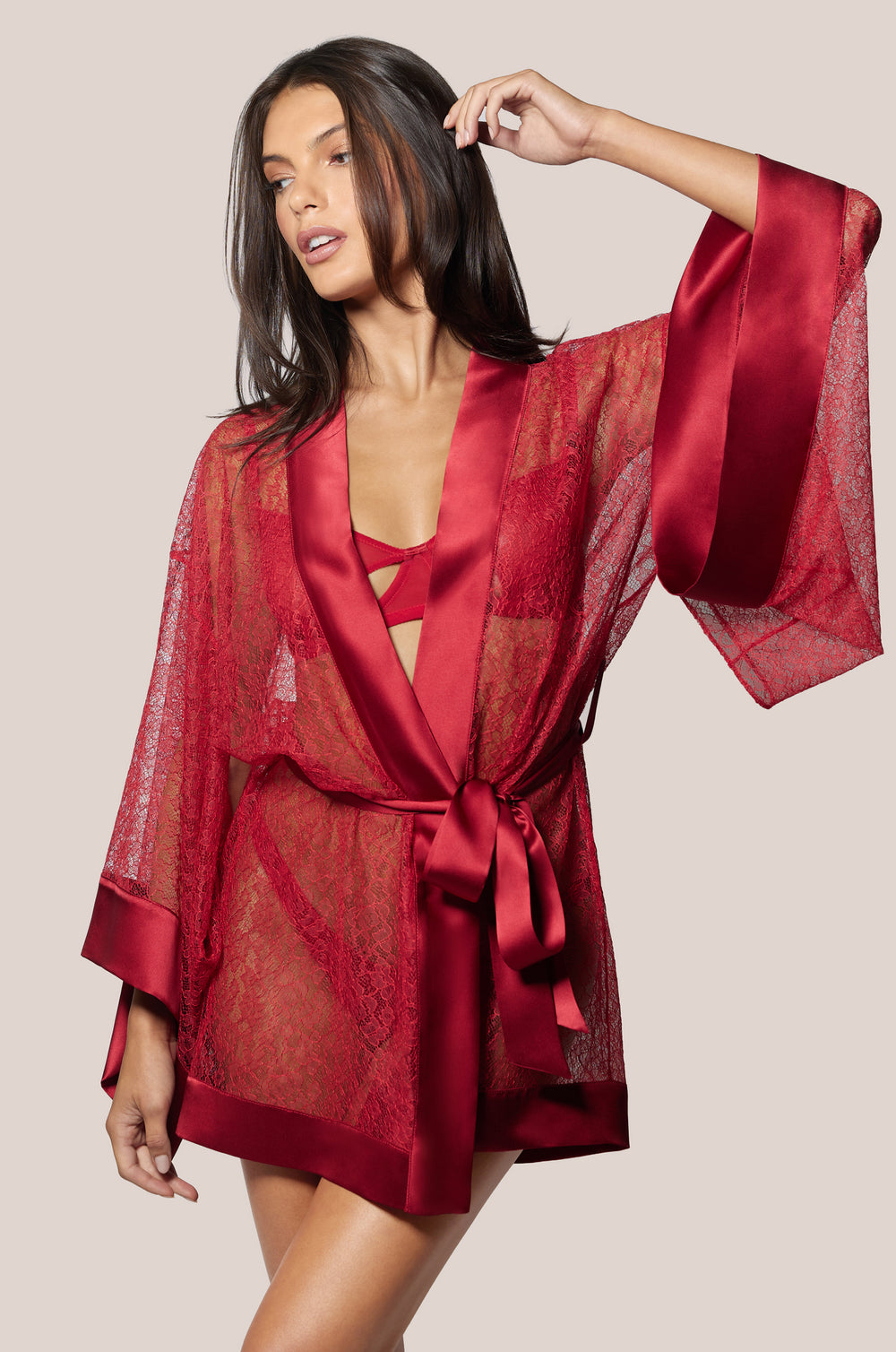 Red Floral Lace Unlined Satin Finishes Front Tie Short Robe Kimono Front