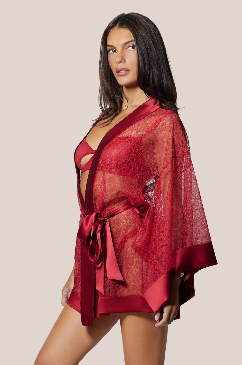 Red Floral Lace Unlined Satin Finishes Front Tie Short Robe Kimono Side