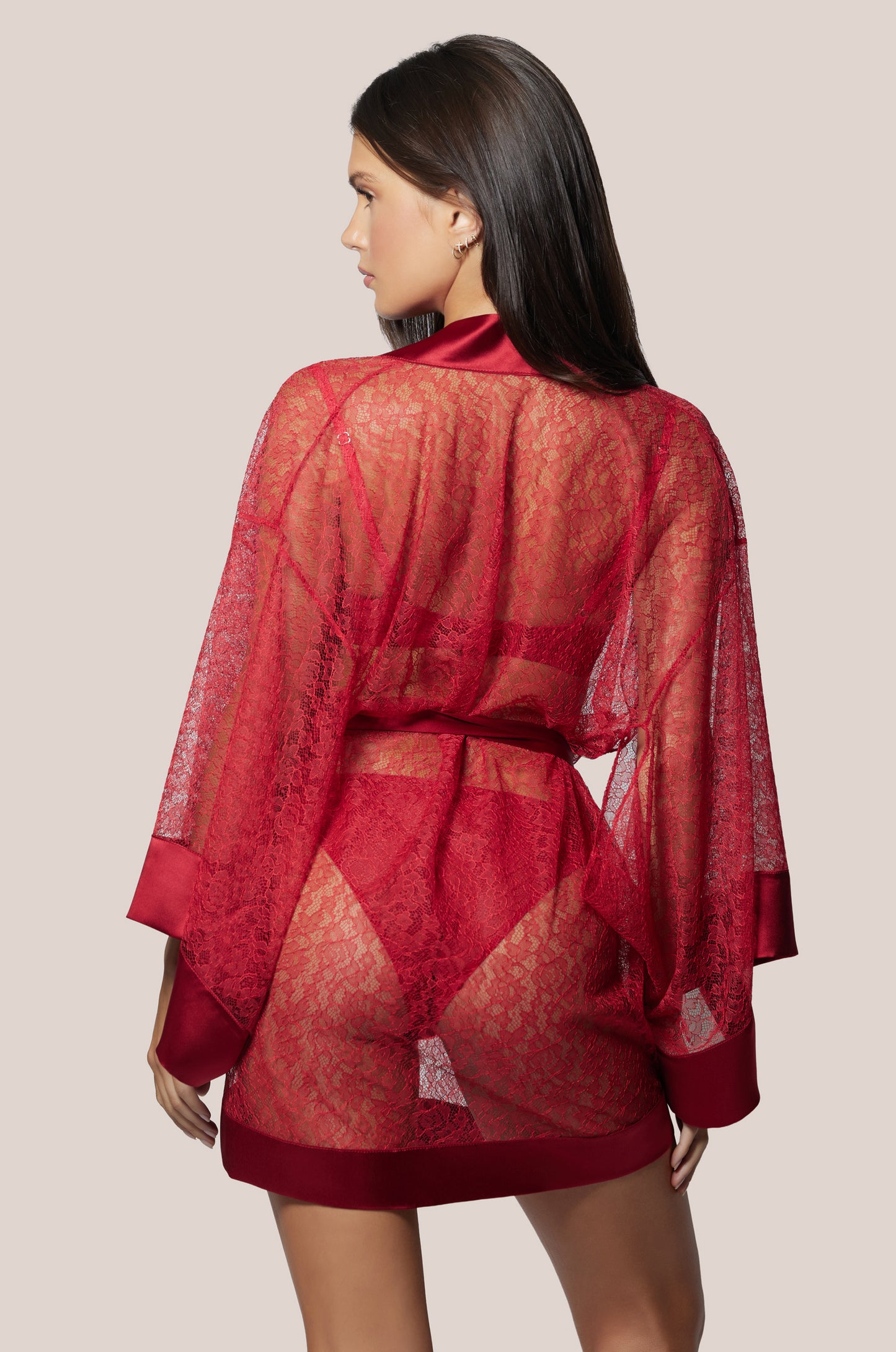 Red Floral Lace Unlined Satin Finishes Front Tie Short Robe Kimono Back