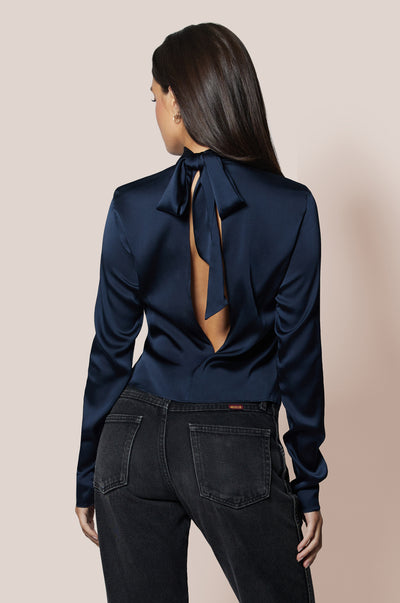 French Navy Blue Long Sleeve Halter Tie Silk Satin Top Back